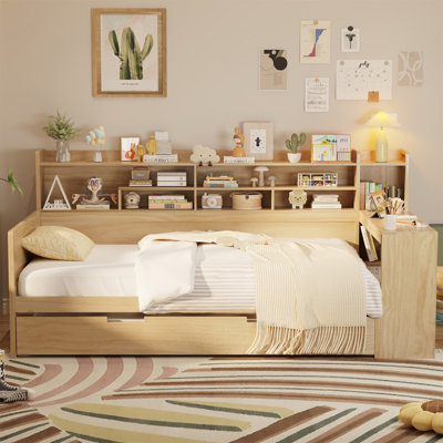 Wooden Twin Size Daybed With Storage Shelves, Multi-Functional Bed With Twin Size Trundle Bed And  Study Desk by Lark Manor