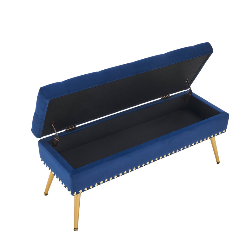 Banc repose-pieds en velours avec rangement, Marine, H 16,7 po x l 40 po x P 14,4 po