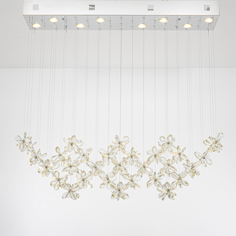 Lustre linéaire en cristal 8 lumières avec acier inoxydable chromé et fleurs de cristal transparent