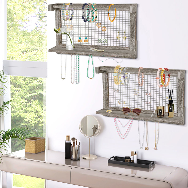 Ensemble de 2 organisateurs de bijoux muraux en bois rustique avec grille en métal et crochets de suspension pour boucles d'oreilles