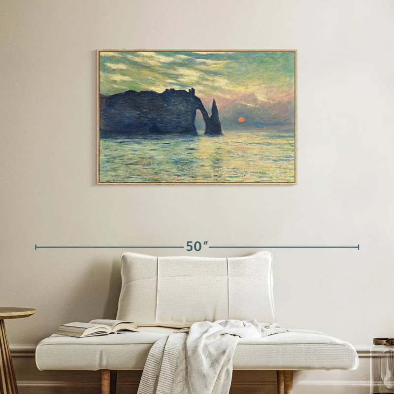 Coucher de soleil sur la falaise d'Etretat, Cadre flottant en bois naturel, 37 po x 25 po