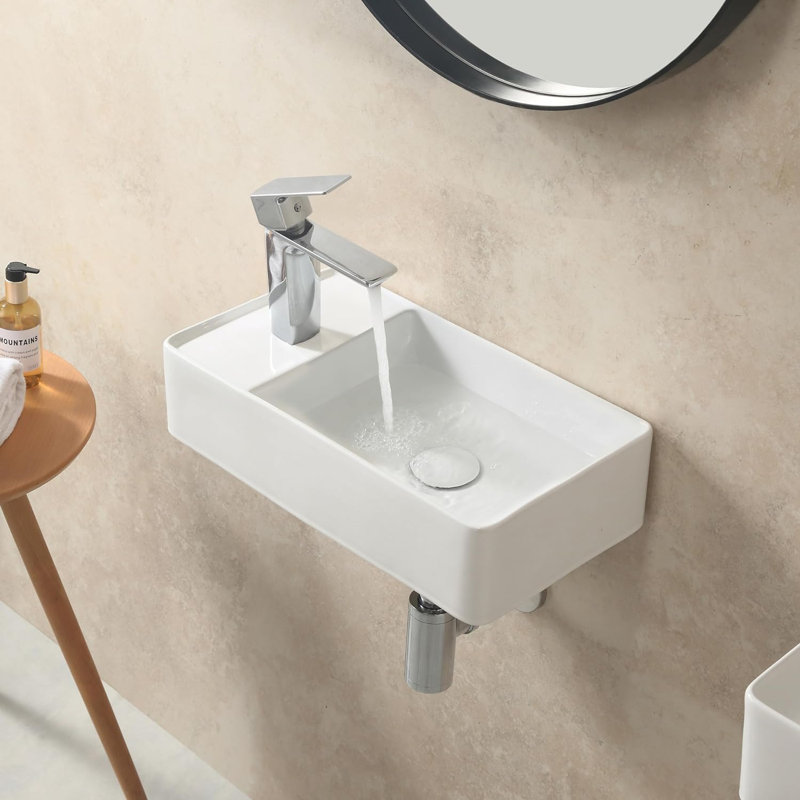 Small Vessel Sink with Pop Up Drain, 18"x10" Porcelain Ceramic Wall Mounted Bathroom Sink，Left Hand