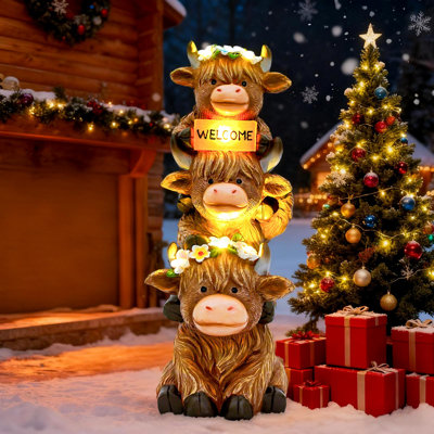 16 in Large Garden Highland Cow Statue Solar Garden Sculptures & Statues with Flower Decoration Birthday Gifts for Women Mom Funny Triple Big Highland Cow Decor for Yard Garden Patio Lawn Ornaments