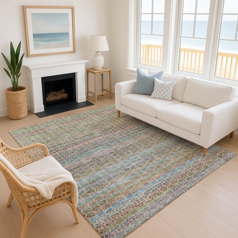 Premium Machine Washable Mayfield AMF2155 Striped Rug, Aqua, Rectangle 9' x 12'