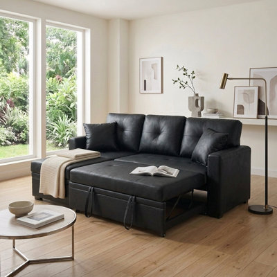 82" Reversible Sleeper Sectional Sofa with Storage Chaise and Pull-out Bed, Breathable Fabric L-Shape Couch for Small Spaces