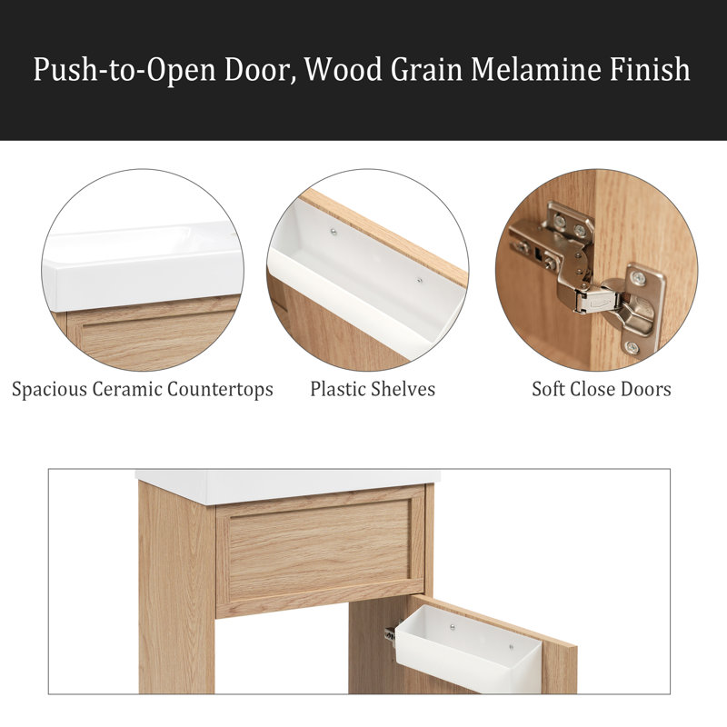 Meuble-lavabo de salle de bain avec lavabo réversible en résine, armoire en panneau de fibres à densité moyenne avec tablette réglable et porte à pousser, finition en mélamine grain de bois, porte réversible, style rustique pour petits espaces