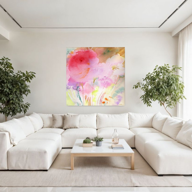 Art floral contemporain rose, H 48 po x l 48 po