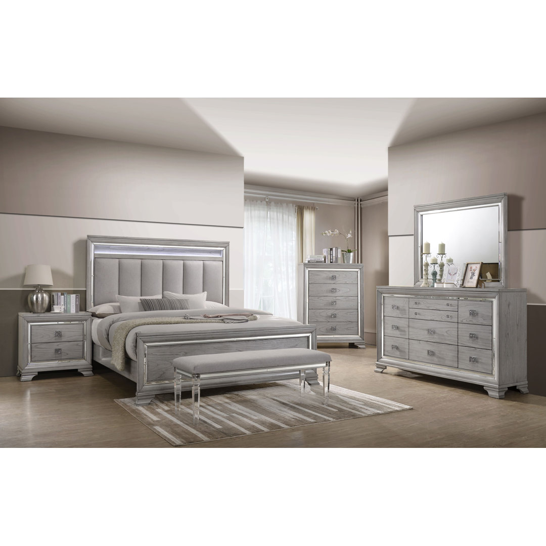 Alyncia Jaydon Gray LED Upholstered Panel Bedroom Set Special 4 Bed Dresser Mirror Nightstand Darby Home Co Bed 