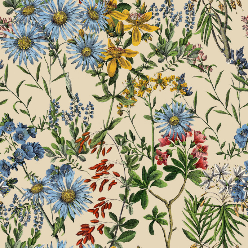 Hippie Spirit Floral Wallpaper Roll, Taupe/Green/Blue/Yellow