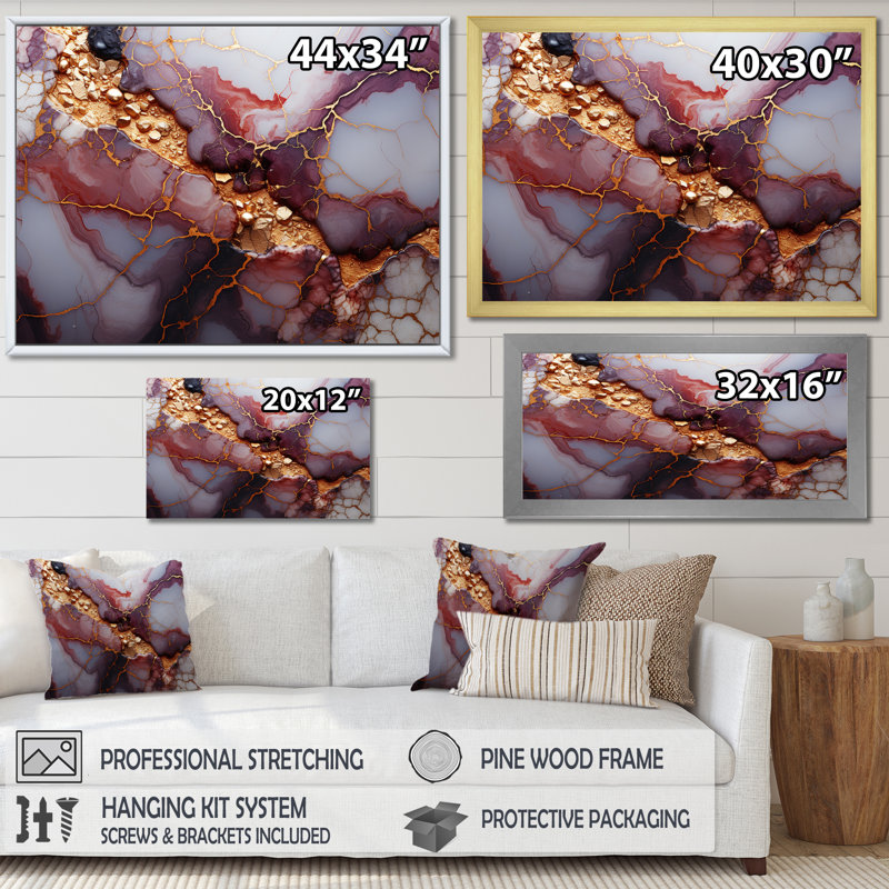 «Pink and Gold Marble River VII», reproduction d'art murale abstraite, Toile tendue, H 24 po x l 32 po x P 1 po