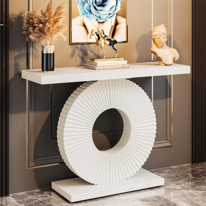 Console moderne de 40 pouces avec base géométrique sculpturale pour les entrées, les couloirs et les salons, White, White