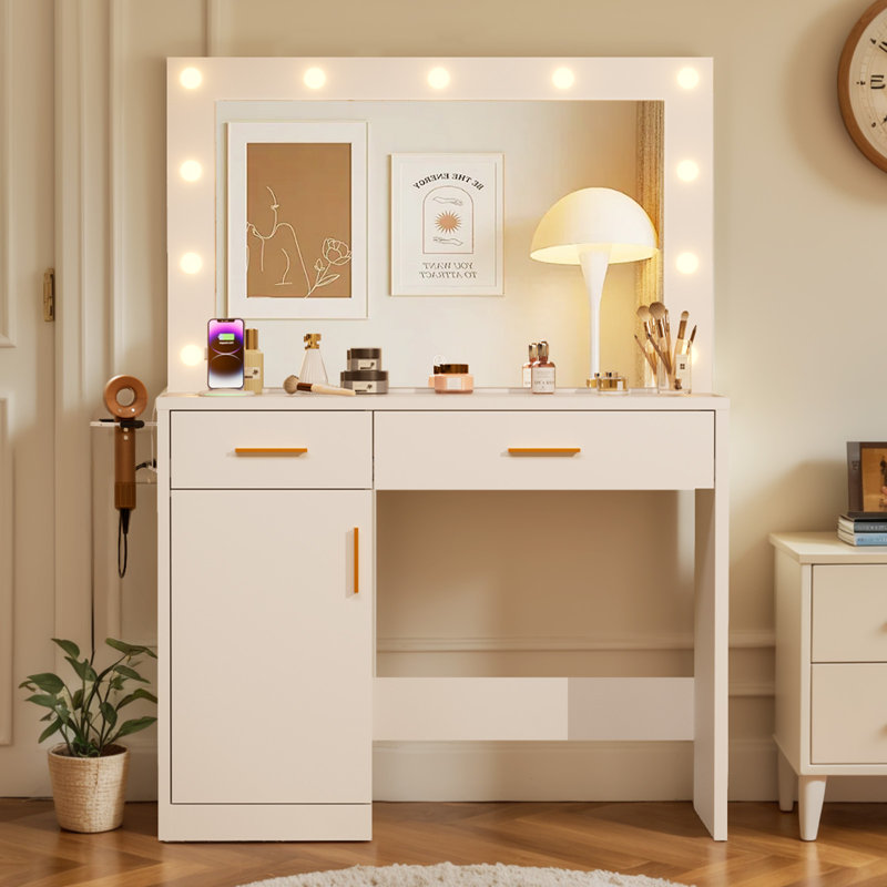35.4in. Makeup Vanity Table with Mirror and Lights,Charging Station,2 Drawers,Large Cabinet,3-Color Adjustable Lighting