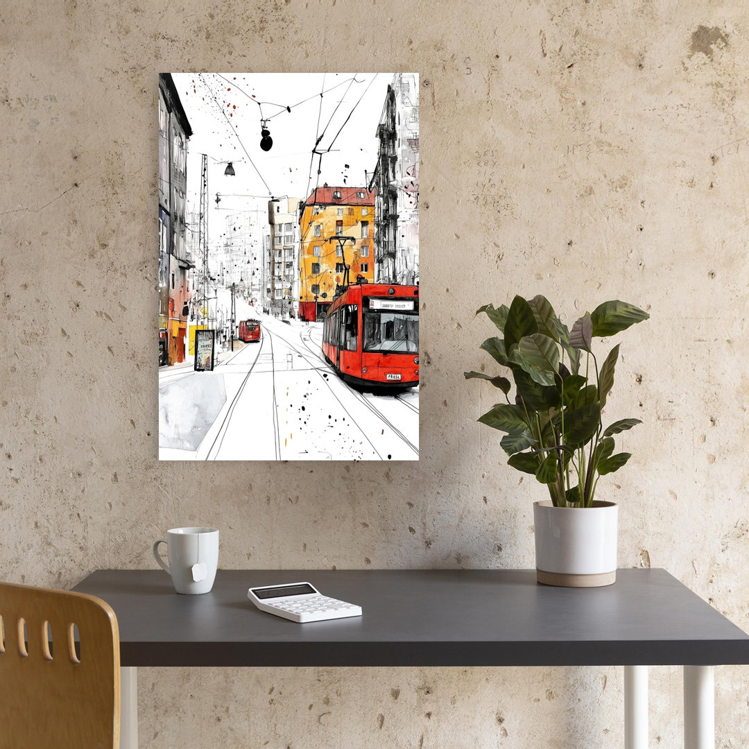 Red Tram Cityscape Vibrant Abstract Contemporary Architecture City Wall Art Print