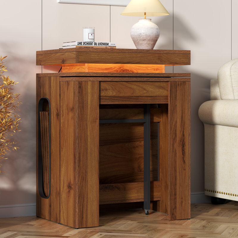 Table de salle à manger extensible avec station de charge et lumières à DEL, table de salle à manger en faux marbre brun rustique de 19,7 po à 98,4 po