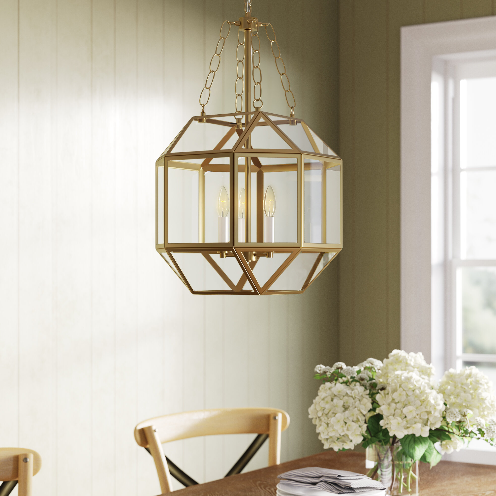 Reid 3 Light Glass Dimmable Pendant, 27.25" H x 18.5" W x 18.5" D, Satin Brass, White