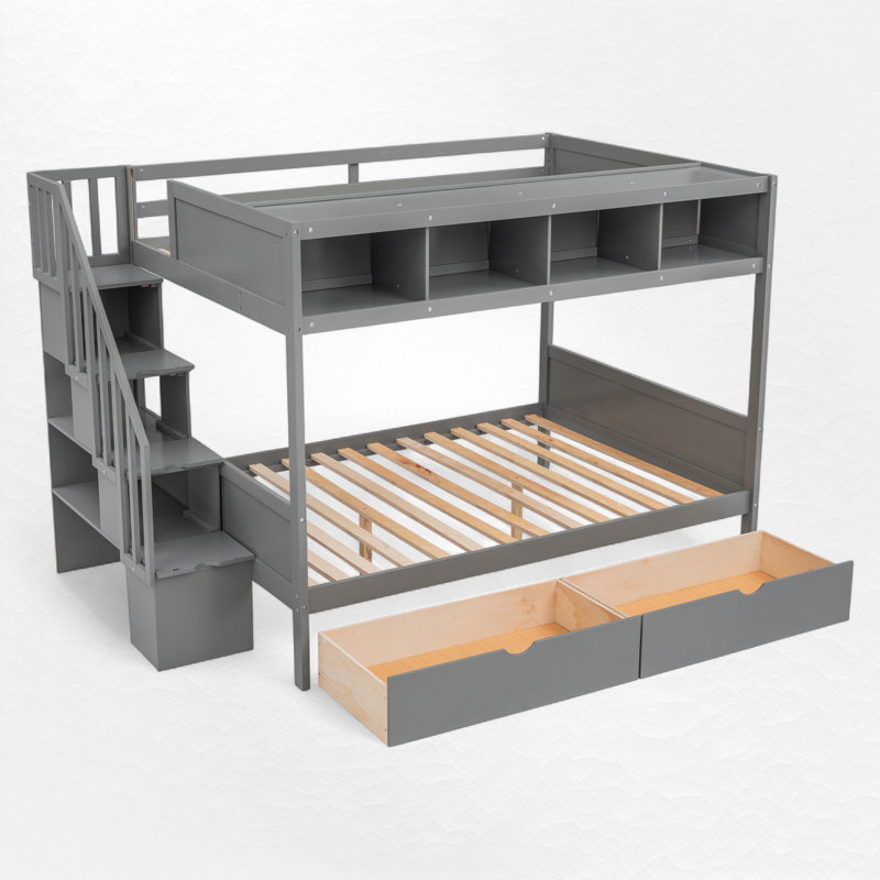 Lit simple superposé au dessus d'un lit double avec tablettes et escalier de rangement, Gris