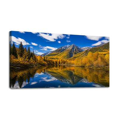 Toile murale, paysage de montagne majestueux, feuillage d'automne, lac réfléchissant, décoration murale pour le salon, la salle de bain, la chambre, le bureau, H 24 po x l 48 po, prêt à accrocher
