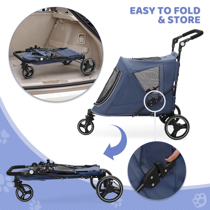 Foldable Pet Stroller for Small & Medium Dogs and Cats 3-Wheel Dog Stroller with 9 Angles Adjustable Handlebar , Blue