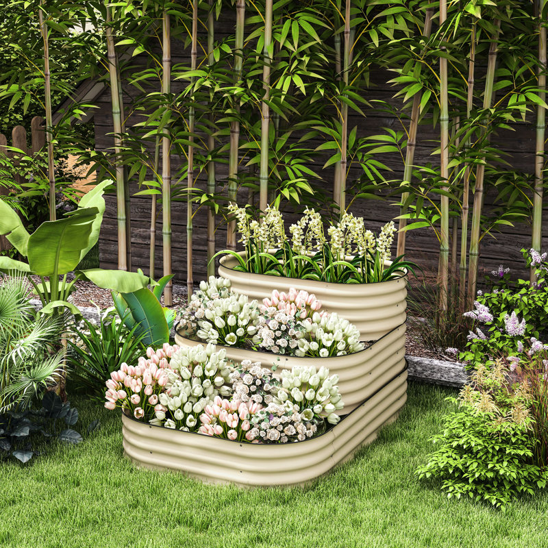 Galvanized Steel 3 Raised Garden Bed Kit, 63.99" X 43" 31.97", Creamy White, 3 Planter Boxes With Decay- Rubber Strip Edging For Patio 63.99"X43"X31.97", -
