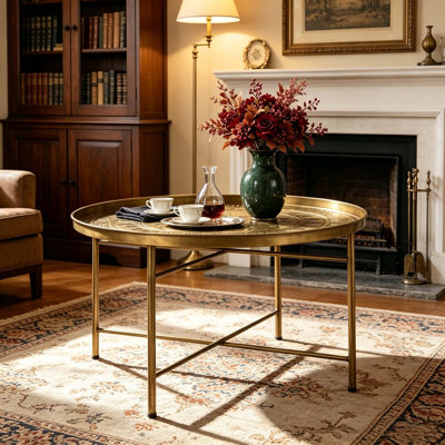 Table d'appoint élégante avec design martelé, table centrale, table de bout, table basse ronde, table centrale circulaire multifonctionnelle pour le salon et l'heure du thé (table d'appoint seulement)