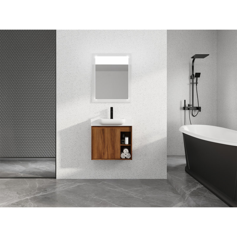 Meuble-lavabo mural de 24 po avec lavabo en céramique blanche et porte à fermeture en douceur, conception écologique et peu encombrante