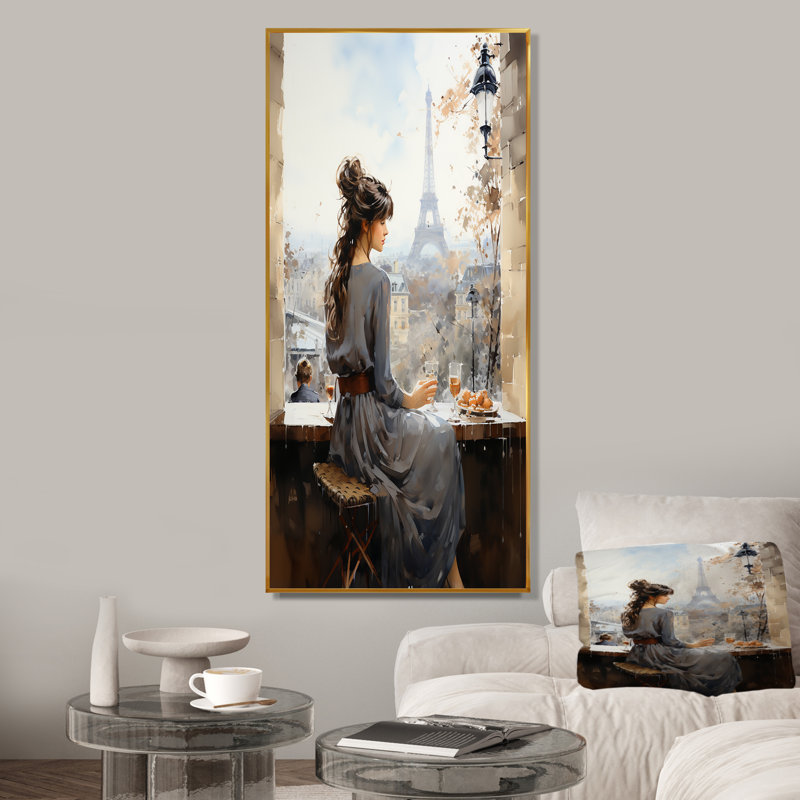 «Woman Parisian Pause», art sur toile, Cadre flottant doré, H 60 po x l 28 po x P 1,5 po