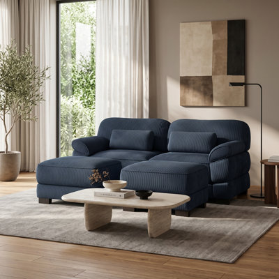 Canapé d'angle modulaire 2 places en velours côtelé bleu avec 2 poufs amovibles et configuration flexible