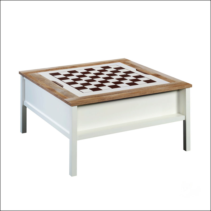 Multifunctional Square Coffee Table With Chess And Checkers Game Surface, White Finish And Oak Accents