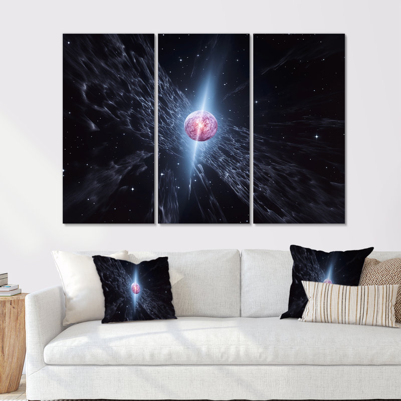 Planète rose en orbite dans l'espace lointain - ensemble de salon d'art mural, Toile tendue, H 32 po x l 48 po x P 1 po