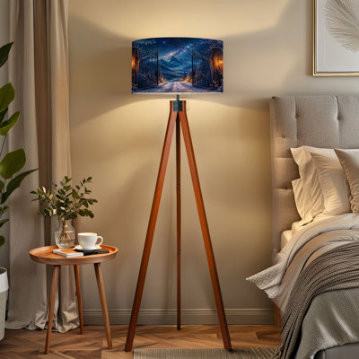 Tripod Standing Lamp Magical Winter Wonderland Snowy Mountains Starry Night Sky Remote Controlled Dimmable LED Floor Lamp with Beech Wood Legs & Detac