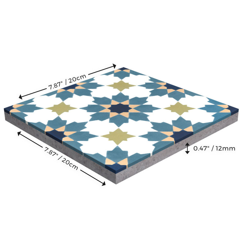 Casablanca 8" x 8" Cement Patterned Wall & Floor Tile, Navy