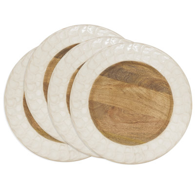 Ivory Enamel Rim Wood Grain Decorative Charger Plates 13" Round, Set Of 4 