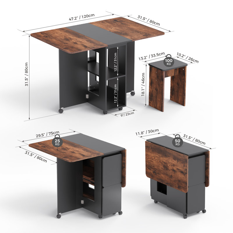 Ensemble de table pliante pour 4 personnes avec chaises, tablette de rangement et roulettes., Noyer / noir, Noyer / noir