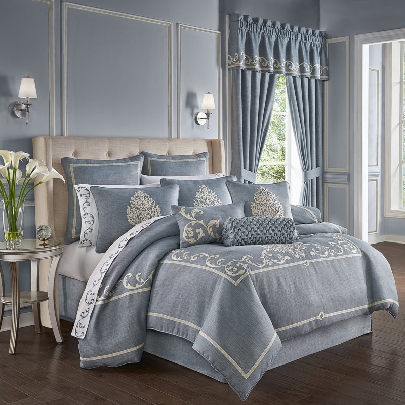 Augusta King Blue Microfiber Comforter Set with Ivory Damask