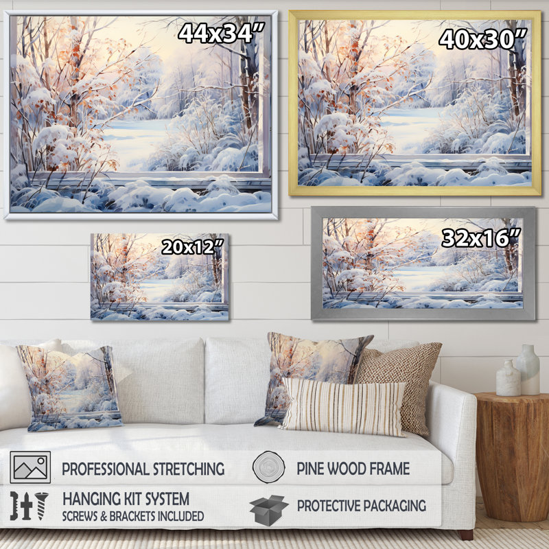 «Winter River Window View III - Winter Landscape», art sur toile, Cadre flottant noir, H 16 po x l 32 po x P 1 po