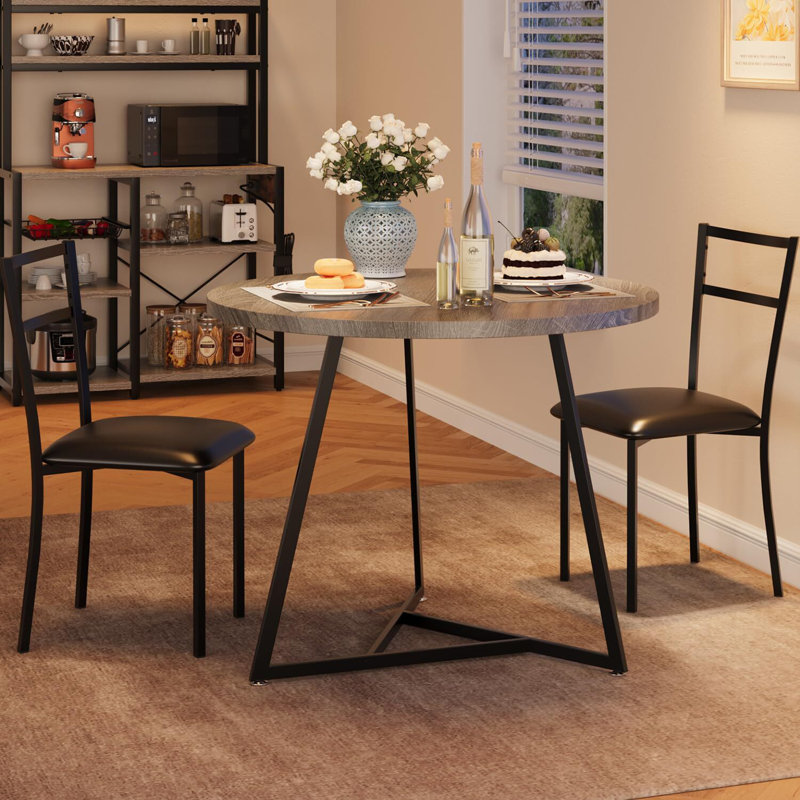 Gray Round Marble Dining Table Set with Black Metal Chairs