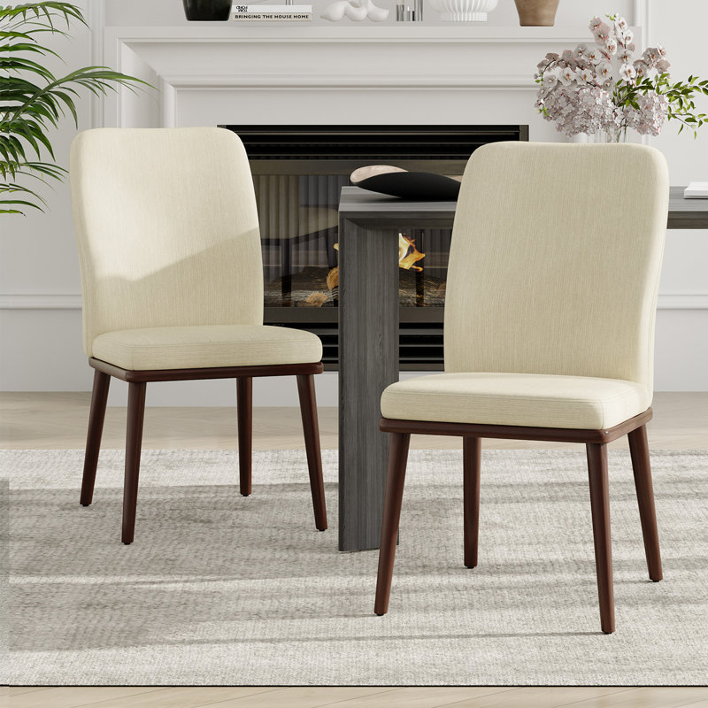 Upholstered Dining Chair with Metal Back and Solid Wood Legs, Beige