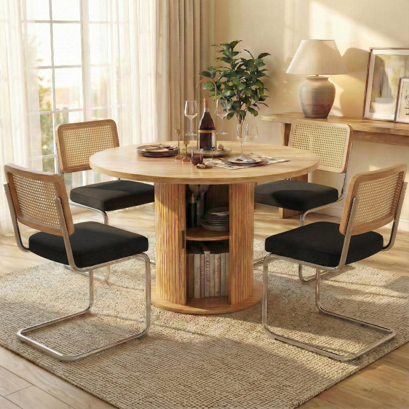 5-piece Round Pedestal Dining Set With Cane Back Cantilever Chairs, Black