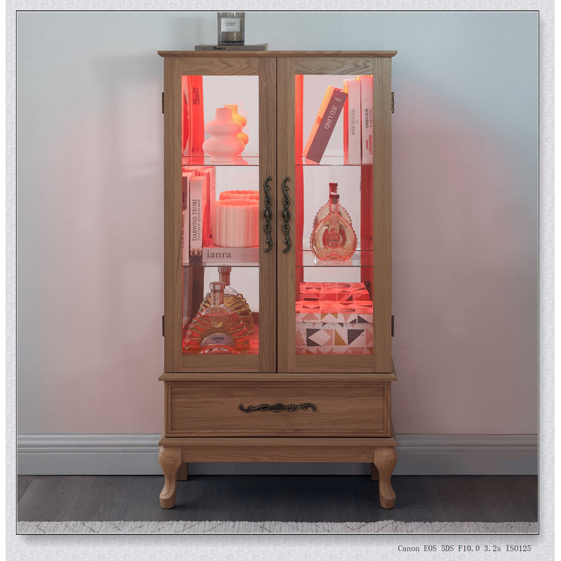 Armoire vitrée lumineuse avec tablettes réglables, 2 portes et 1 tiroir - Buffet de rangement élégant pour le vin