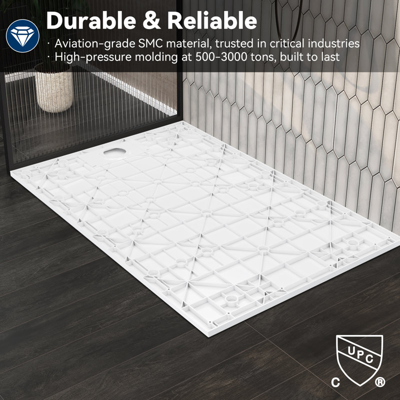MarbleLite 59" W X 31.5" D Rectangular Shower Base, Marble Grain, White