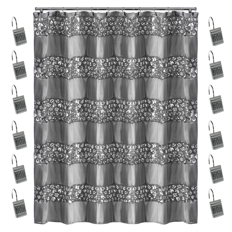 Dilayla Striped Shower Curtain with Hooks Included, Sinatra Silver