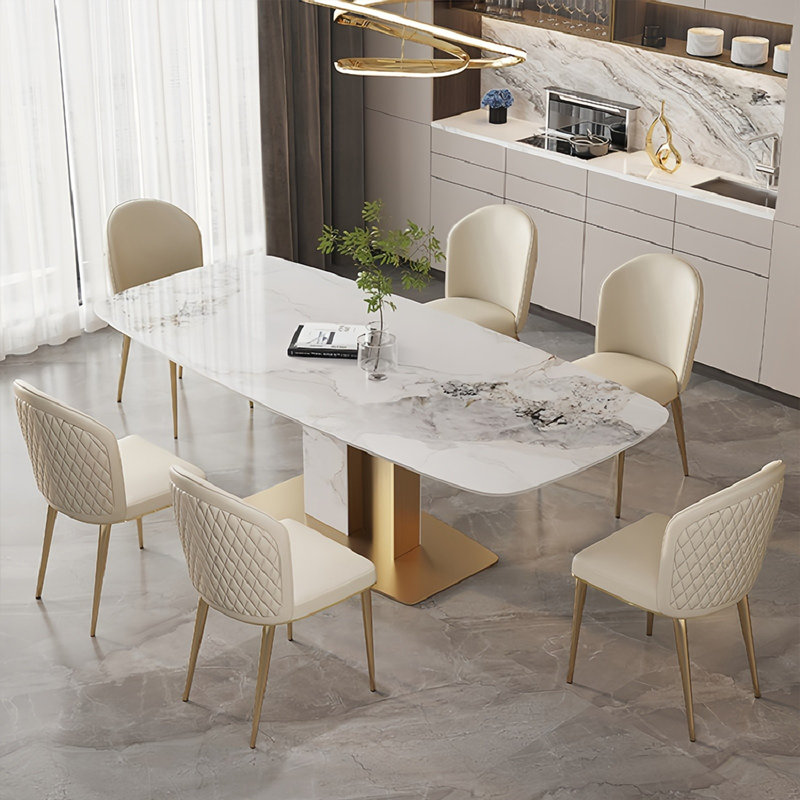 Simple Modern White Rock Slab Dining Table Sets, 29.5”H x 63”L x 31.5”W