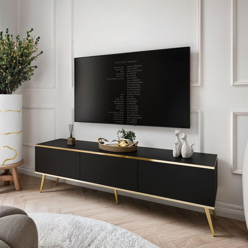 OXFORD III TV Stand with Golden Legs, 53cm H x 175cm L x 32cm W, Black