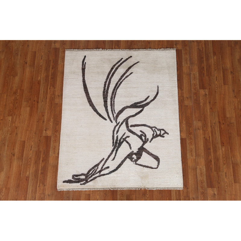 Tapis beige en laine noué à la main de conception unique 3 pi 11 po x 4 pi 9 po New Age