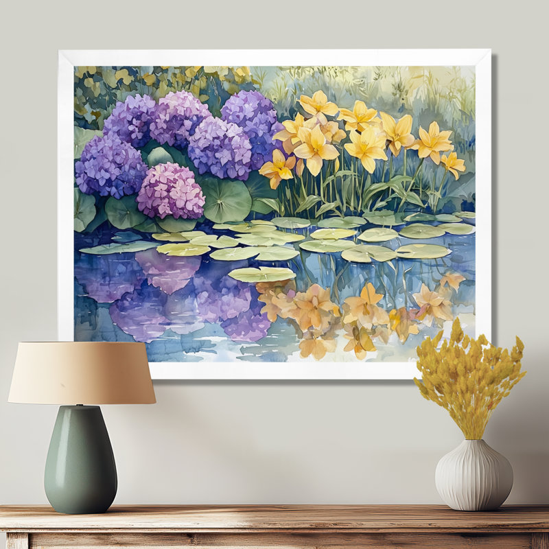 Imagen hortensias et lys au bord du lac III - hydrangées, art mural, Reproduction encadrée d'une seule photo, Blanc