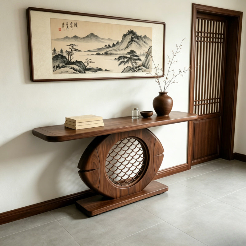 Console en bois de style médiéval, 35.4" H x 62.9" W x 15.7" D