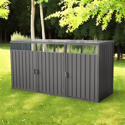 Remise extérieure pour 3 poubelles, abri de rangement en acier galvanisé avec couvercles et portes avant