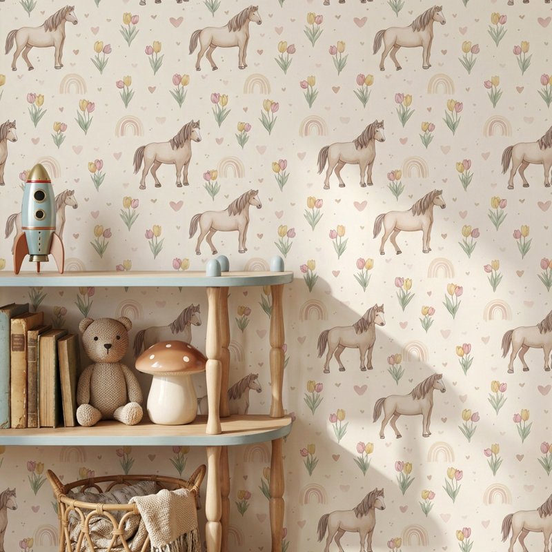 Papier peint chevaux, tulipes et cœurs, Non tissé, non collé