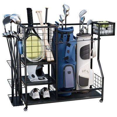 Rangement de rangement pour sac de golf, support pour sac de golf avec 2 paniers et roulettes, support pour sac de golf, support de club de golf supplémentaire pour accessoires d'équipement de golf