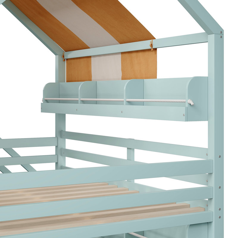 Bunk Bed With Canopy, Slide & Built-In Bookshelves, Light Green